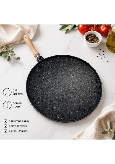 34 Cm Granit Krep Tavası Çift Taraflı Bazlama Tava Granit Tava Yumurta Tavası Çok Amaçlı Tava Siyah