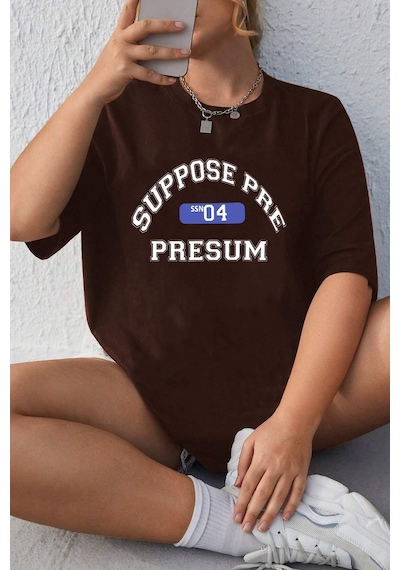 Unisex Suppose Pre Baskılı Oversize Tshirt Kahverengi