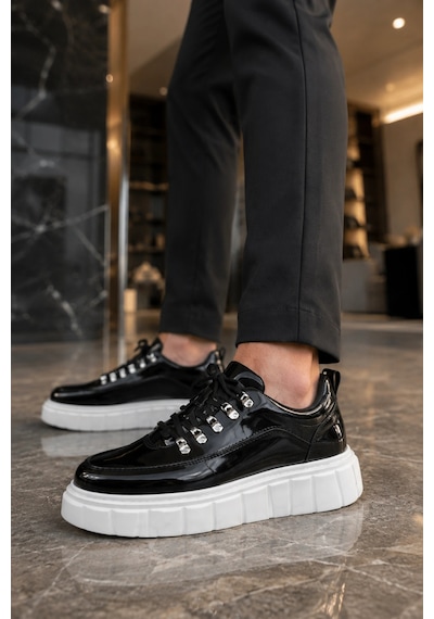 Mevese Duolc Bağcıklı Rugan Erkek Günlük Rahat Taban Sneaker Ayakkabı - Siyah Beyaz Siyah Beyaz Rugan