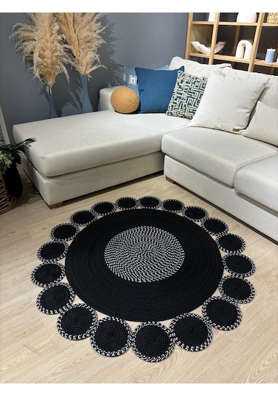 Mavaux Siyah Jüt Hasırlı El Örgüsü Kilim Halı Hasır Yuvarlak Siyah