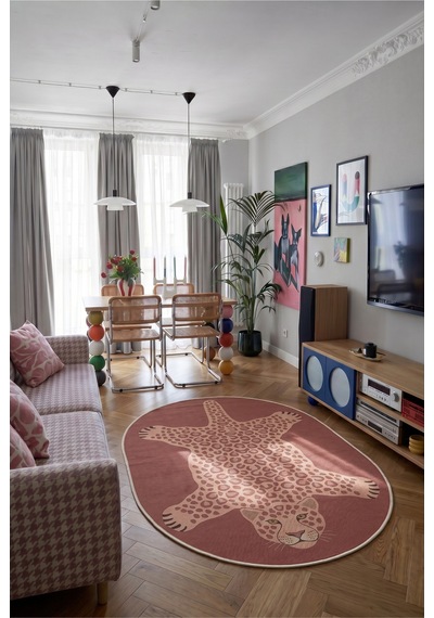 Leopar 04 Koyu Pembe Leopar İnce Vintage Görünüm Şönil Dokuma Oval Oturma Odası Ev Koridor Halısı
