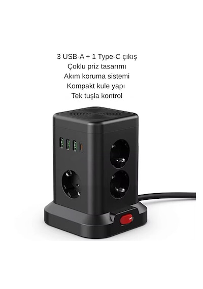 7 Li Kule Tipi Çoklu Priz 3 Usb-a + 1 Type-c Akım Korumalı Tek Tuş Kontrol Kompakt Masaüstü Tasarım 2 m