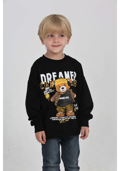 Toontoy Kids Toontoy Erkek Çocuk Dreamer Ayı Baskılı Sweatshirt Siyah