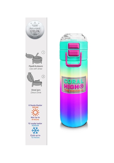 Coral High Kids Renk Geçişli Desenli Pipetli Ve Direkt İçim Çelik Termos 500 Ml 31924 Rose Gold