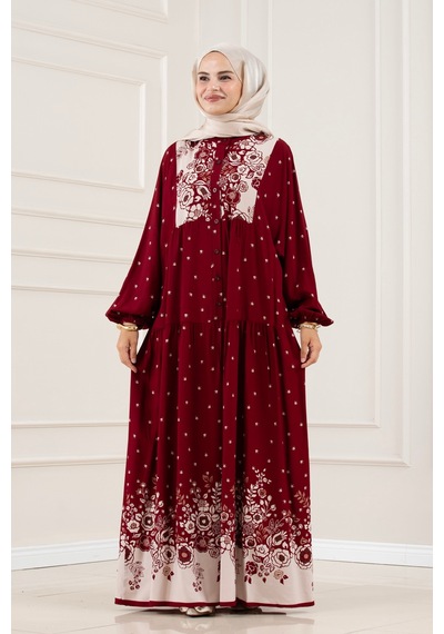 Sevitli Yarım Düğmeli Robalı Damla Elbise-bordo-5863