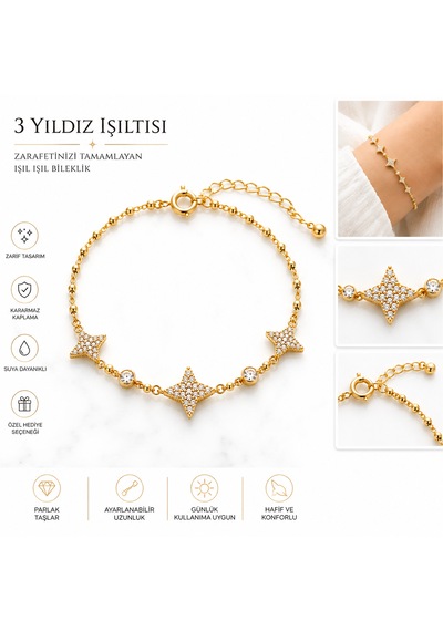 Zirkon Taşlı Yıldız Figürlü Gold Kadın Bileklik Altın