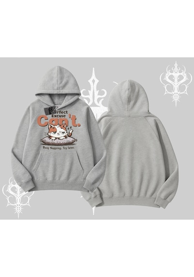Startmore Kedi Baskılı Cant Busy Napping Y2k Kapşonlu Sweatshirt Gri