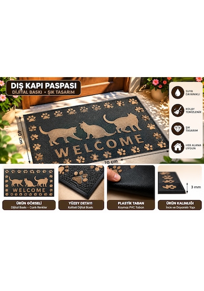Dekoratif Dış Kapı Paspası Dijital Baskılı, Kaymaz Pvc Plastik Tabanlı, Şık Desenli Kapı Önü Paspası 40x70 Cm Siyah Gümüş