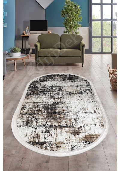 Dijidekor Halı Siyah Cool K1310 Saçaklı Oval Kaymaz Kesme İnc... Siyah - Yeşil