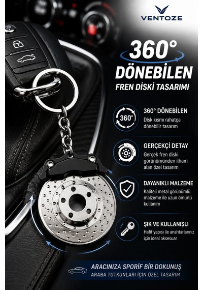 Döner Fren Diski Tasarımlı Metal Anahtarlık Araba Motor Sporları Aksesuarı Siyah Metal