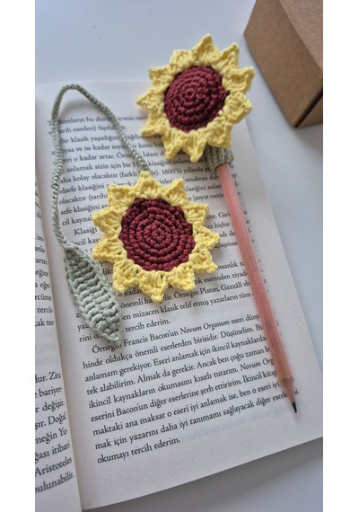 Ay Çiçeği Set Amigurumi Kitap Ayracı Ve Kalem Süsü Hediyelik Ürün Kalem Başlığı