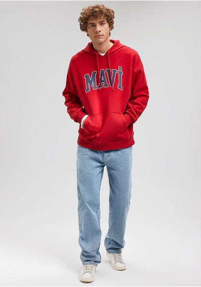 Erkek Mavi Logo Baskılı Kapüşonlu Sweatshirt-kırmızı Kırmızı