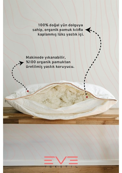 %100 Merinos Kuzu Yünlü Gold Çizgili Fermuarlı Doğal Yastık 50x70 Cm