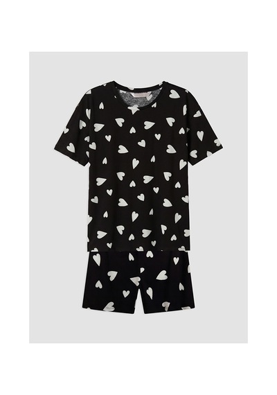 Lcw Dream Siyah Kalp Desenli Kadın Şortlu Pijama Takımı