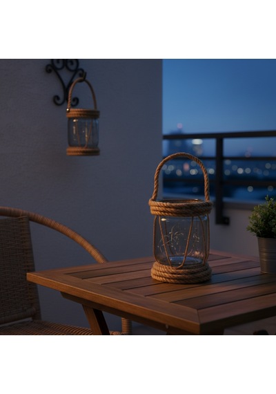 Dyris Rustik Halatlı Cam Fener 20x10 Cm Pilli Peri Ledli Askılı Balkon & Bahçe Lambası