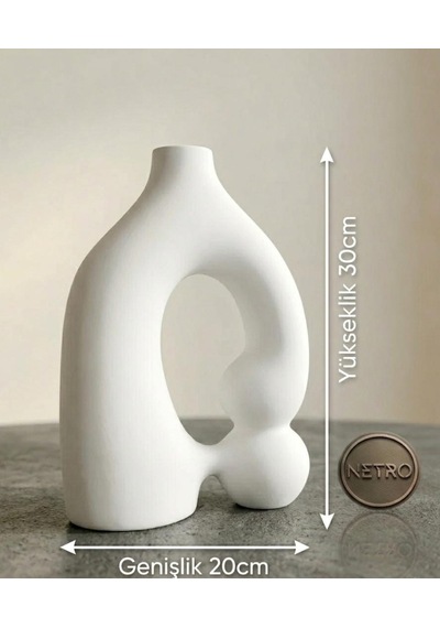 Etnik Desen Dekoratif Vazo Seramik Şık Vazo El Yapımı Özel Seri 30 Cm Beyaz