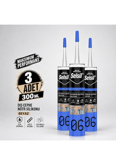 Selsil Beyaz Nötr Dış Cephe Silikonu 300 Ml Uv Dayanımlı Cam Pvc Beton Derz Dolgu Mastiği 3 Adet