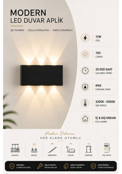Gün Işığı Led Aplik Kare Aydınlatma Çift Taraflı Led Dekoratif Duvar Aplik Siyah