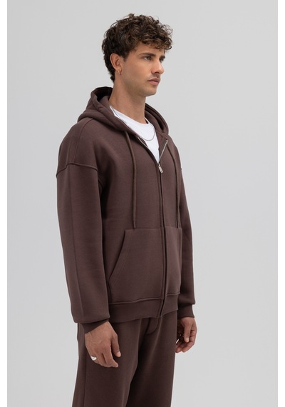 Vamos Basic Fermuarlı Oversize Kapüşonlu Sweatshirt Kahve