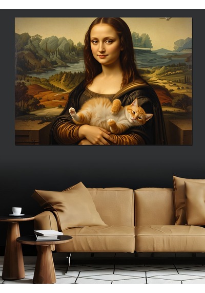 Kedi Tutan Mona Lisa Versiyonu Dekoratif Kanvas - Mdf Ahşap Tablo