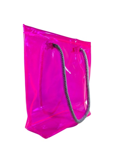 Rm Promosyon Taban Körüklü Şeffaf Plaj Çantası - Beyaz Halat Askılı Havuz Ve Deniz Çantası Neon Pembe Neon Pembe