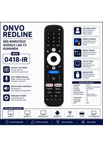 0418-ır Onvo Redline Ses Komutsuz Google Led Tv Kumandası Netflix Youtube Prime Video Disney+ Uyumlu