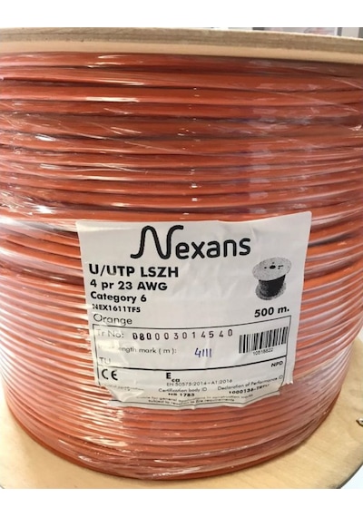 Nexans Nex1611tf5, Turuncu, Cat6, 500m, 23awg 0,58mm , Utp, %100 Bakır, Lszh Halogen Free, Makara, Kablo