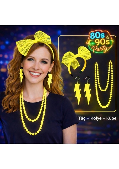 80 Ler 90 Lar Neon Sarı Parti Seti Kolye Küpe Taç