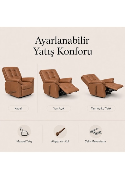 Smarto Relax Vıp Manuel Mekanizmalı Gerçek Deri Ceviz Ahşap Sırtlı Tv Koltuğu Baba Koltuğu Açık Kahverengi