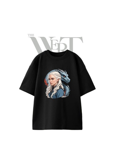 Thewert Daenerys Targaryen Tasarım Baskılı Ünisex Siyah Oversize T-shirt