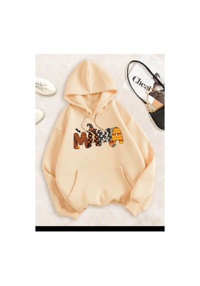 Medinenur Mama Baskılı Kapüşonlu Sweatshirt Bej