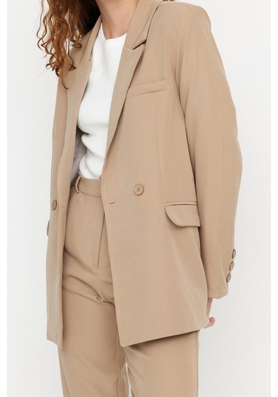 Ersefa Tarz Kadın Modern Moda Yüksek Bel Boru Paça Ceket Yaka Blazer Cek Vizon