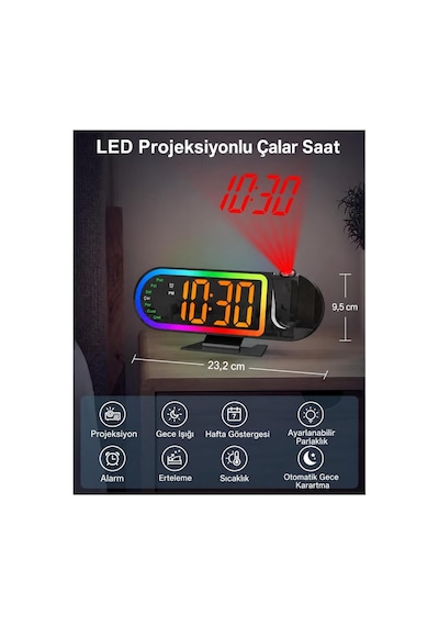 Valkyrie Rgb Işıklı Projeksiyonlu Dijital Alarm Saat 17 Modlu Led Ekranlı Çalar Saat Siyah