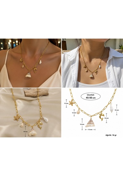Marina Charm Kadın Yazlık Deniz Temalı Gold Zincir Kolye 45-50 Cm 316l Paslanmaz Çelik Renkli