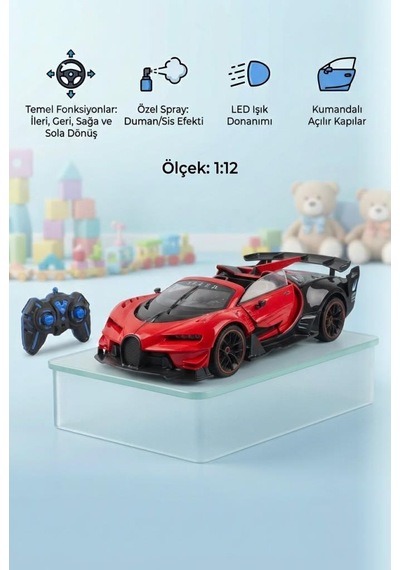 1:12 Ölçek 8 Fonksiyonlu Bugetti Chiron Tasarımlı Duman Efektli Uzaktan Kumandalı Yarış Arabası Kırmızı