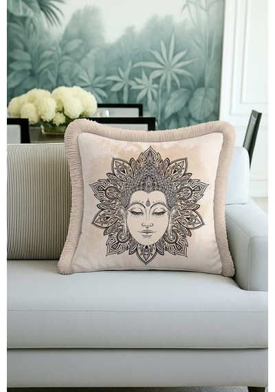 Mandala Sanatlı Saçaklı Yastık Kılıfı - Spiritüel Bohem Buda Bej Püsküllü Kırlent Kılıfı Açık Deniz Platin