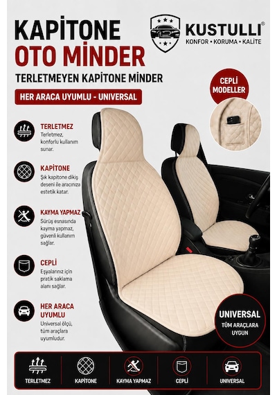 Kustulli 3'lü Pilot Kapitone Terletmeyen Oto Koltuk Minder Cepli Model Krem Ön Arka Koltuk Minderi