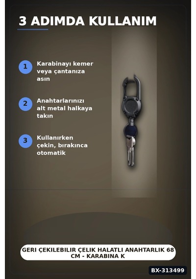 Bay Geri Çekilebilir Çelik Halatlı Anahtarlık 68 Cm - Karabina Kancalı Kemer Aksesuarı Bx-313499 Najmaddin