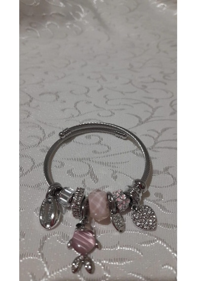 Uzel Çelik Bileklik Gümüş Silver Model Pembe, Balık Char...
