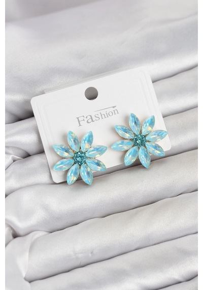Mey İthalat Buz Mavisi Renk Kristal Taşlı Lotus Çiçek Model Kadın Küpe Çok Renkli