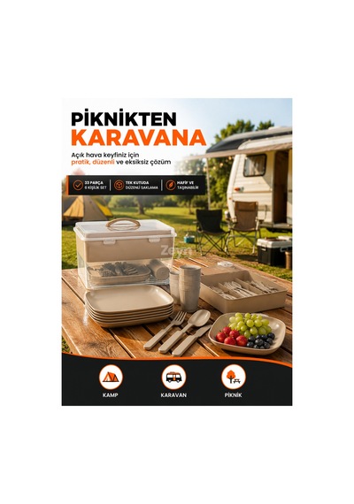 6 Kişilik 33 Parça Piknik Seti Saklama Kutulu Bpa Free Kamp Ve Seyahat Yemek Seti Bej