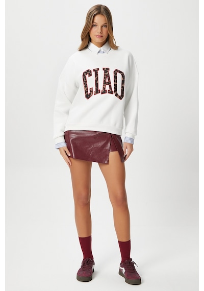 Kadın Ciao Nakışlı İçi Polarlı Leopar Ekru Oversize Seeatshirt Ekru