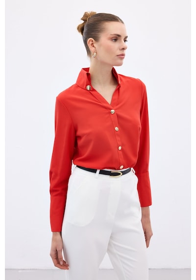 Sateen Çıt Çıt Detaylı Gömlek - Kırmızı-136558 Kırmızı