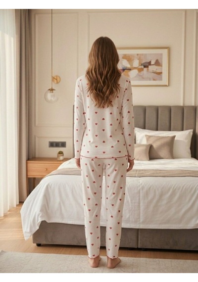 Kadın Kalp Desenli Kurdele Detaylı 2'li Pijama Takım Kırmızı