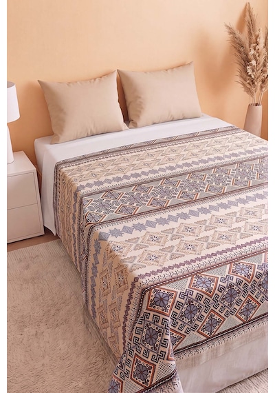 İndigo Etnik Desenli Çift Kişilik Baskılı Pike & Yatak Örtüsü 200x230 Cm