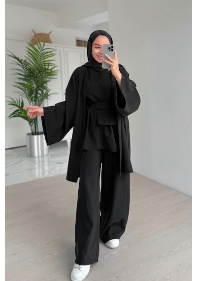 Kahijab Çantalı Üçlü Takım - Siyah Siyah