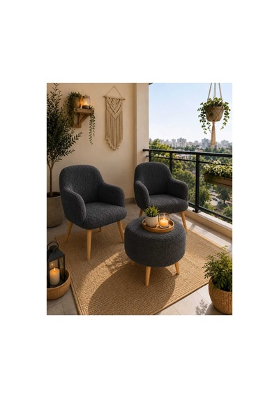 Elora Berjer Koltuk Takımı Çay Seti Balkon Salon Bahçe Çay Seti Berjer 3 Lü Takım 2 Adet Koltuk 1 Adet Puf Antrasit Gri