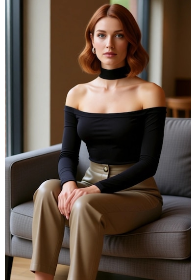 Ersefa Stil Kadın Carmen Yaka Choker Detaylı Fitted Vücuda Oturan Fitill Kahverengi