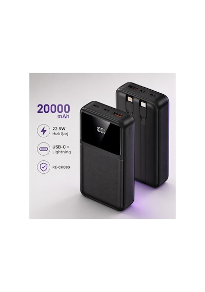 20000 Mah 22.5w Hızlı Şarj Powerbank Dahili Type-c Ve Lightning Kablolu Dijital Göstergeli- Re-ck083 Diğer