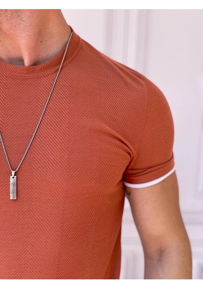 Modefendi Slim Fit Örgü Desen Pamuklu Parçalı Tshırt Kiremit